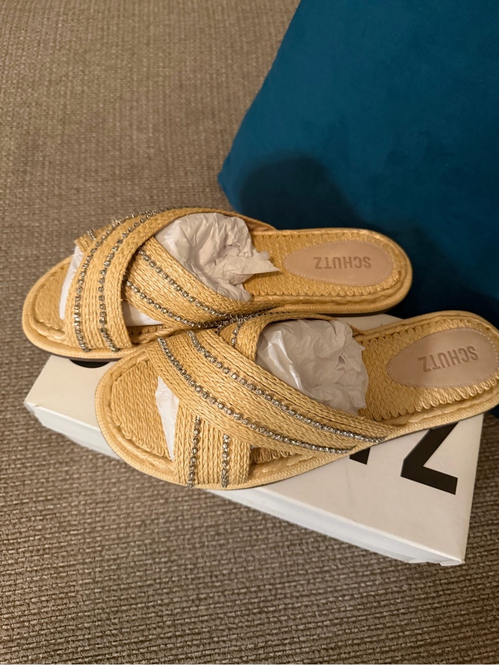 New! SCHUTZ Yellow Raffia Crisscross Slide Sandals with Rhinestone Trim